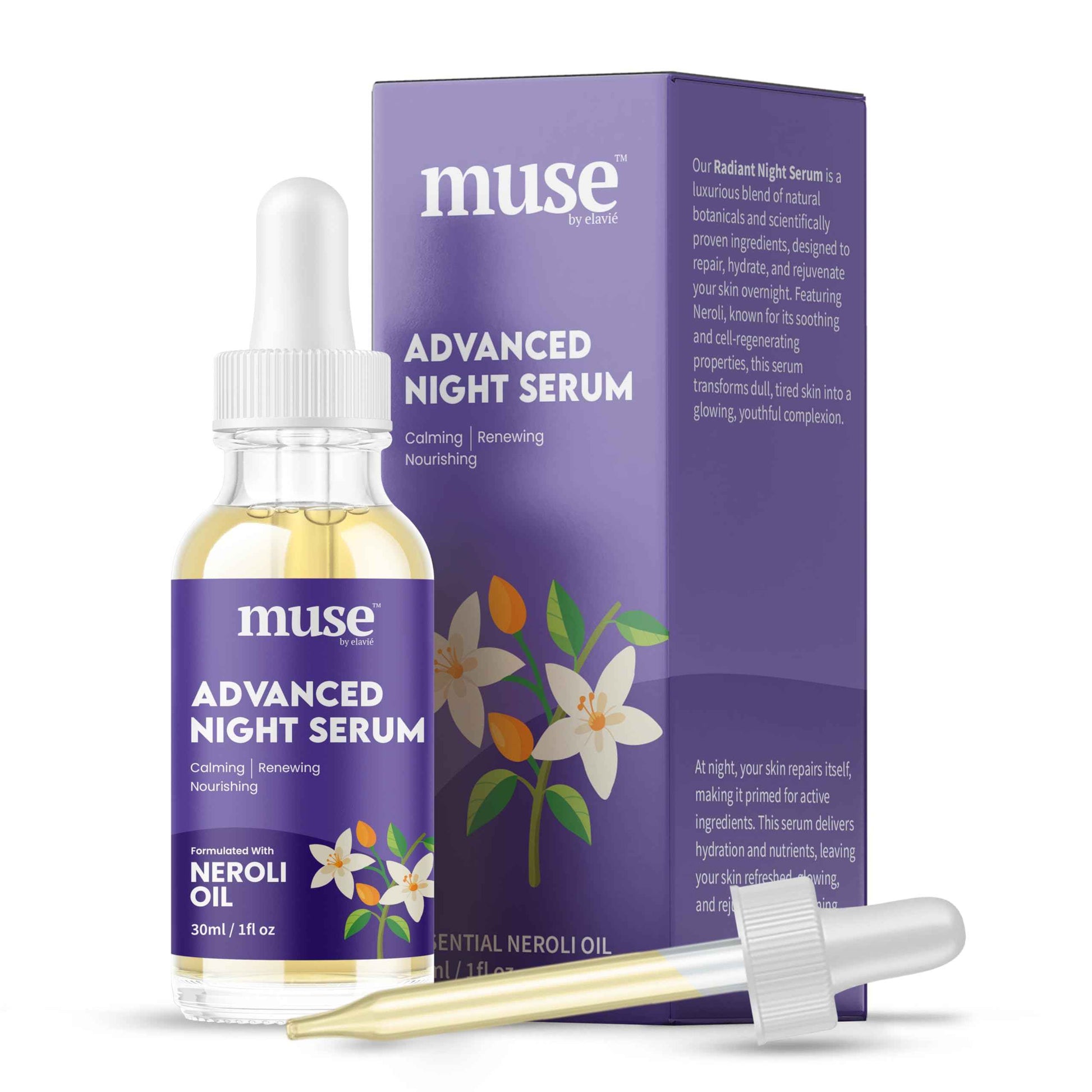 Muse by Elavié - Advanced Night Serum – 1% Squalane for Deep Hydration & Skin Repair, Overnight Recovery for Fine Lines & Dryness, Lightweight, Fast-Absorbing Formula - 1 oz