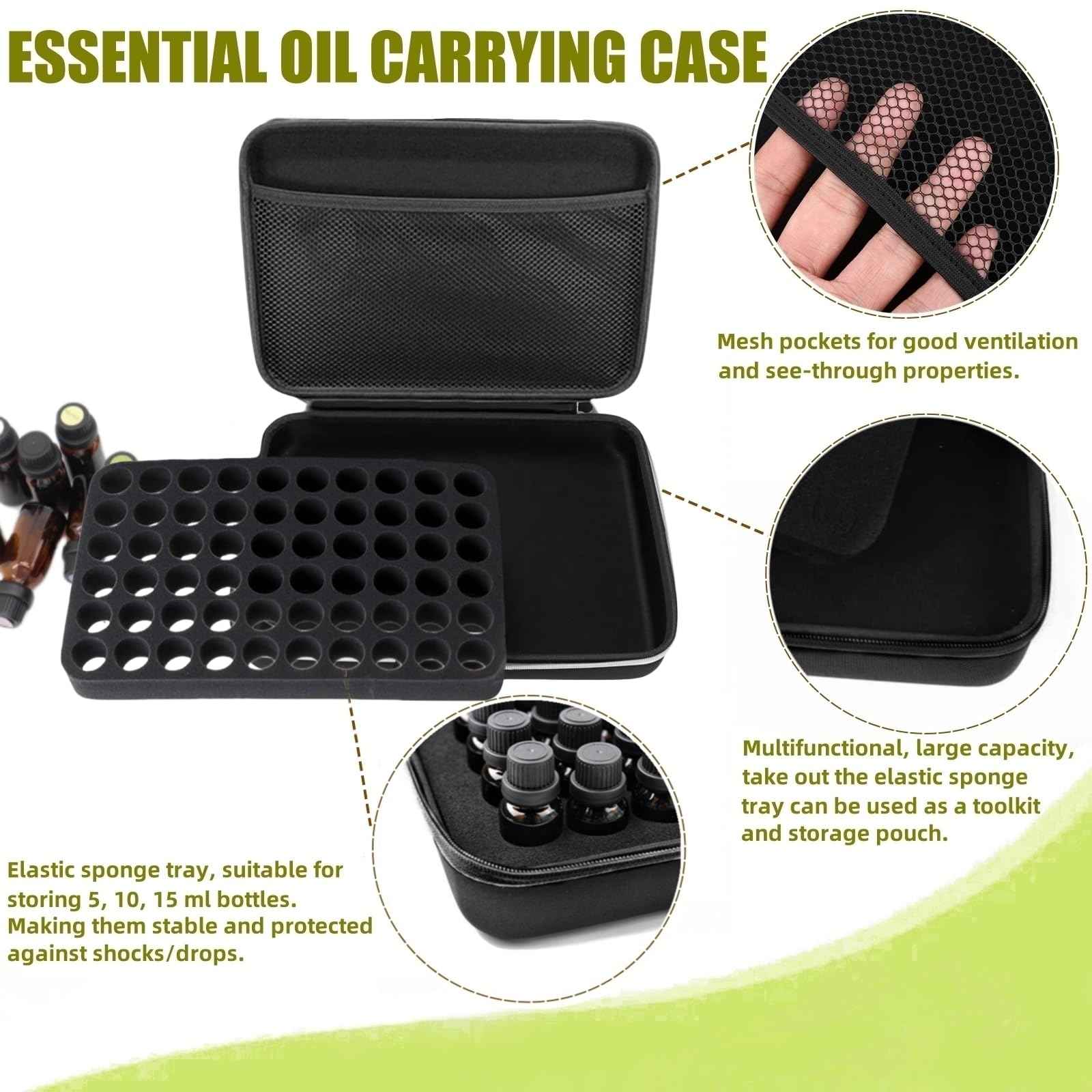 BLIRITEL 60 Bottles EVA Essential Oils Organizer, Hard Shell Essential Oil Storage Carrying Case, Essential Oils Holder Traveling Bag with Foam Insert, Holds 5ml,10ml,15ml Essential Oils (Black)