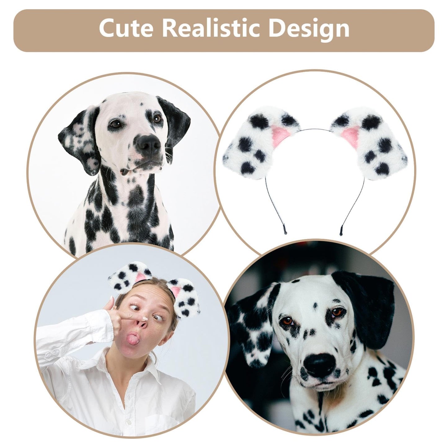 Beviliu Animals Ears Headband Realistic Dalmatian Dog Ears Headband Fluffy Cat Ears Bunny Ears Halloween Christmas Costume for Washing Makeup Cosplay Party