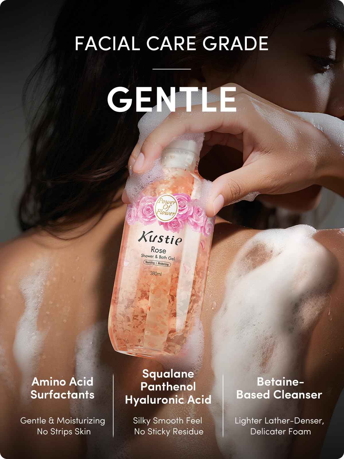 Kustie Rose Petal Body Wash – 342 Real Bulgarian Petals & Essential Oils | Squalane, Hyaluronic & Niacinamide Cleanser | Vegan, Sulfate-Free, Long-Lasting Scent | 12.8 Fl Oz