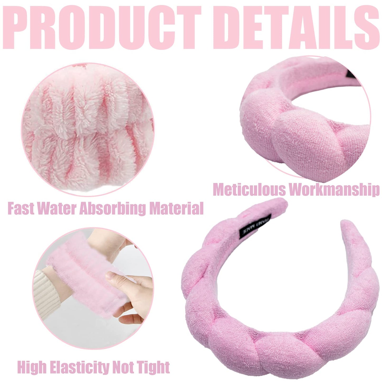 Spa Headband and Wristband Scrunchies for Washing Face, Terry Cloth Towel Head Band for for Makeup Removal, Shower (Pink)