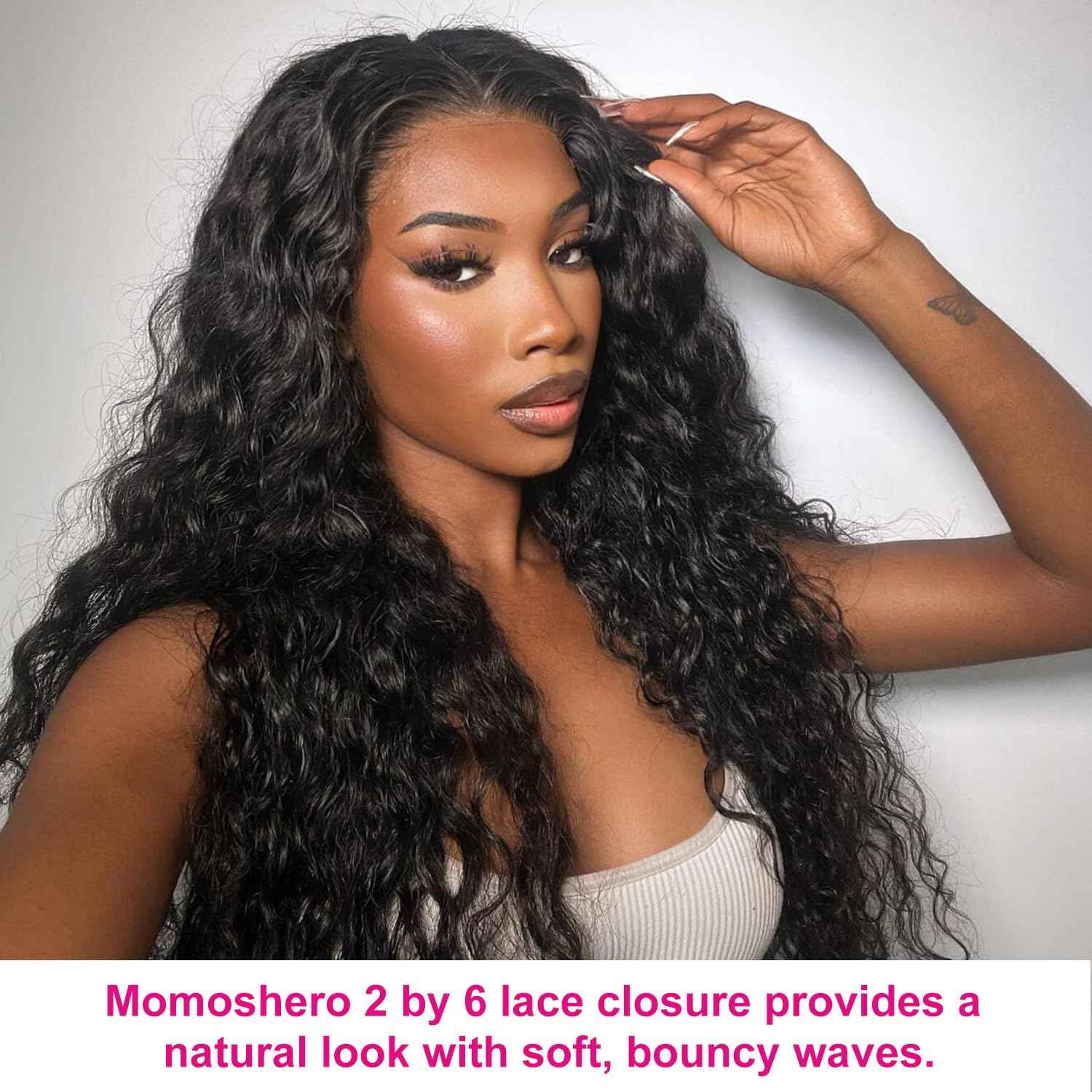 MOMOSHERO 2x6 HD Lace Closure Only Deep Wave Human Hair,HD Transparent Swiss Lace Kim K Closure Deep Middle Part Curly Hair Lace Closure Full 150% Density 100% Human Hair Natural Black Color 14 Inch