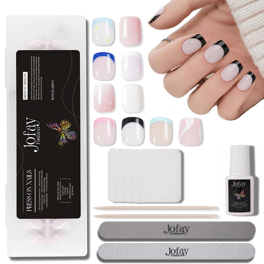 10Packs (240PCS) Short Press On Nails Kit, Square Acrylic French Fake Nails with Glue, Cute | Natural Fit, Artificial Stick on False nails,No Need to File Finger Nail Art for Women