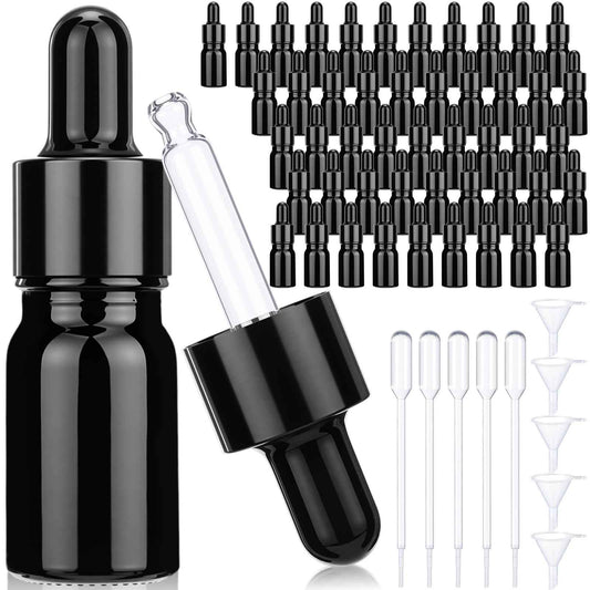 Patelai 48 Pcs 5 ml/ 0.2 oz Frosted Glass Dropper Bottles Essential Oil Bottles with Eye Dropper and Bamboo Lids Perfume Sample Essence Liquid Cosmetic Containers and Funnels (Black)