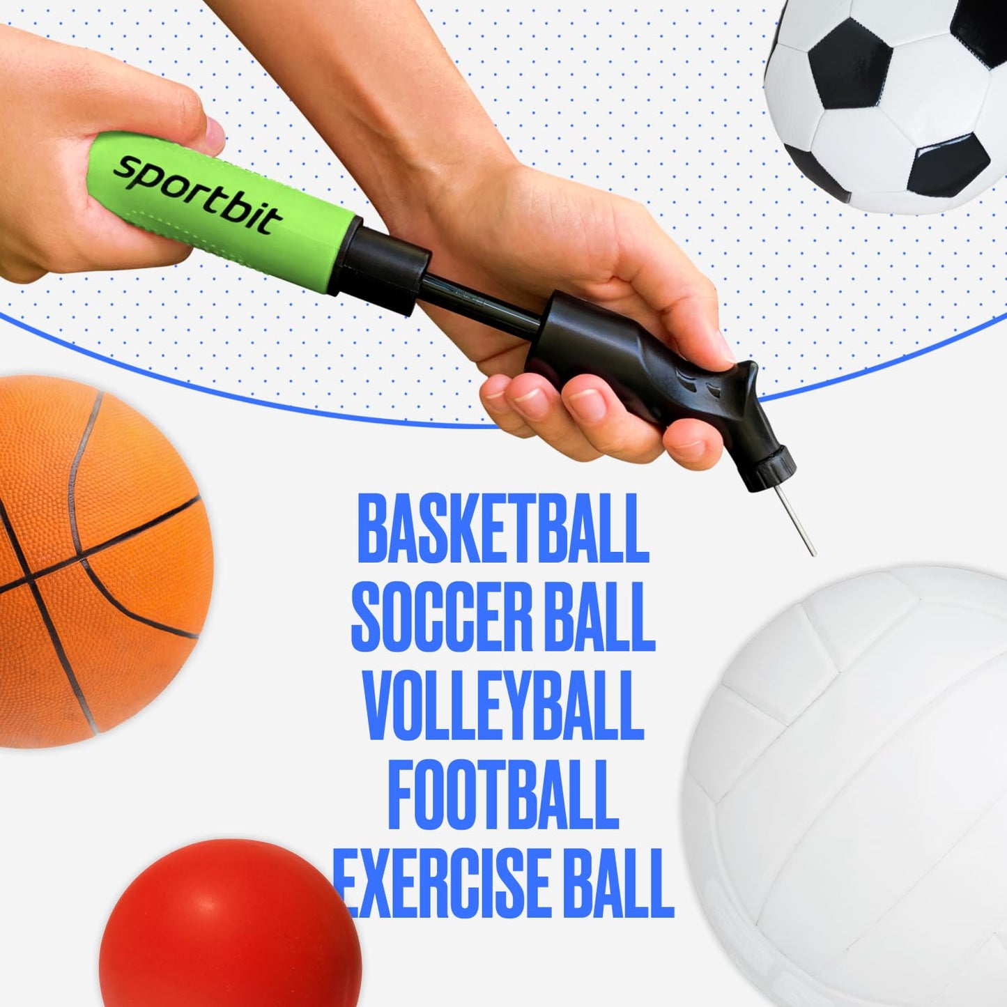 SPORTBIT Ball Pump with 5 Needles - Push & Pull Inflating System - Great for All Exercise Balls - Volleyball Pump, Basketball Inflator, Football & Soccer Ball Air Pump - Goes with Needles Set