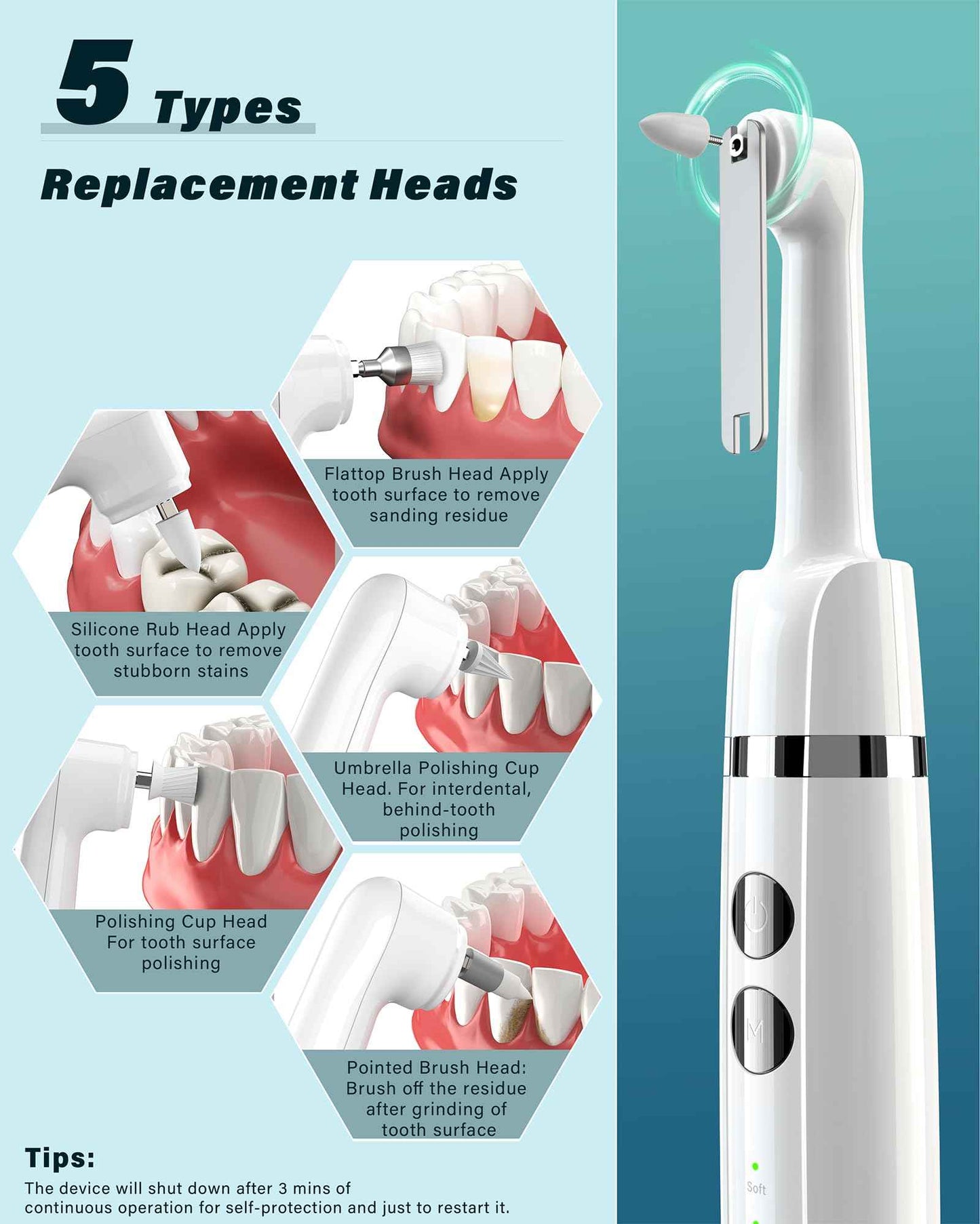 Tooth Polisher, Rechargeable Tooth Whitening Kit for Teeth Cleaning and Whitening, with 3 Tooth Polish Paste and 5 Brush Heads, LED Light, Easy to Use at-Home Personal Dental Care Kit