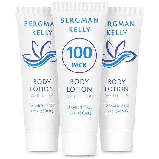 BERGMAN KELLY - Travel Size Lotion - 1 fl oz, 100 PK, White Tea - Delight Your Guests with Invigorating and Refreshing Body Lotion - Quality Mini and Small Size Guest Hotel Toiletries in Bulk