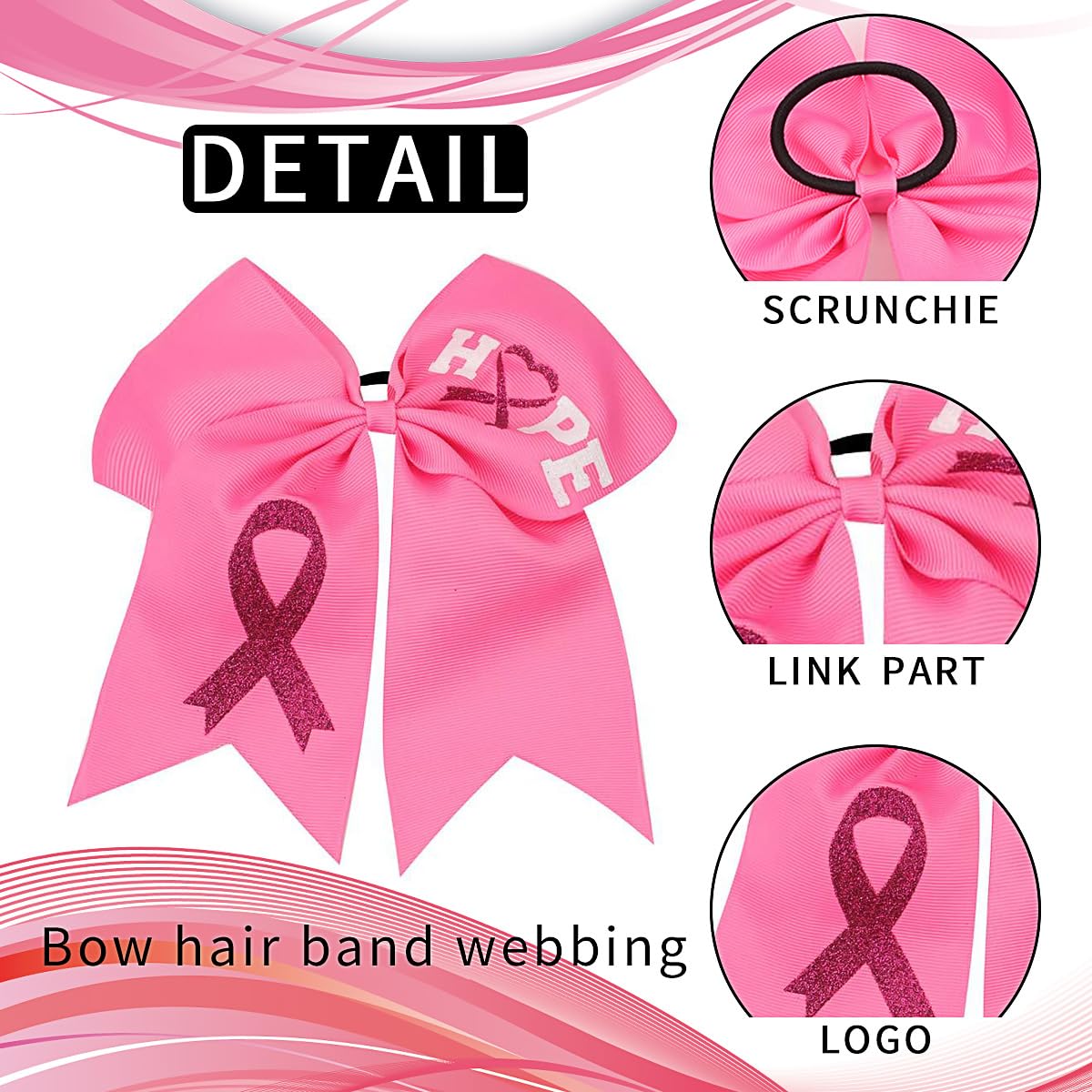 2PCS 7" Large Breast Cancer Awareness Cheer Hair Bows, Glitter Pink Ribbon Bow Ponytail Holder for Cheerleader Girls Cheerleading Hair Accessories Elastic Hair Band for Kids Women Breast Cancer Month