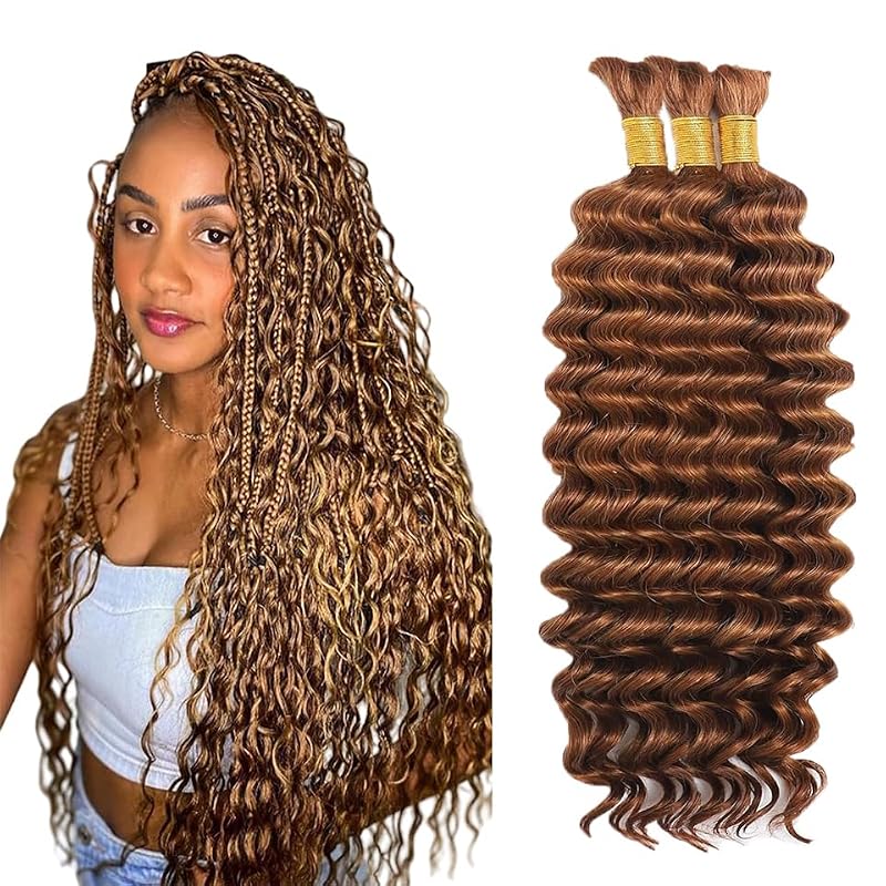 #30 Light Brown Deep Wave Braiding Hair 32 Inch 3 Bundles