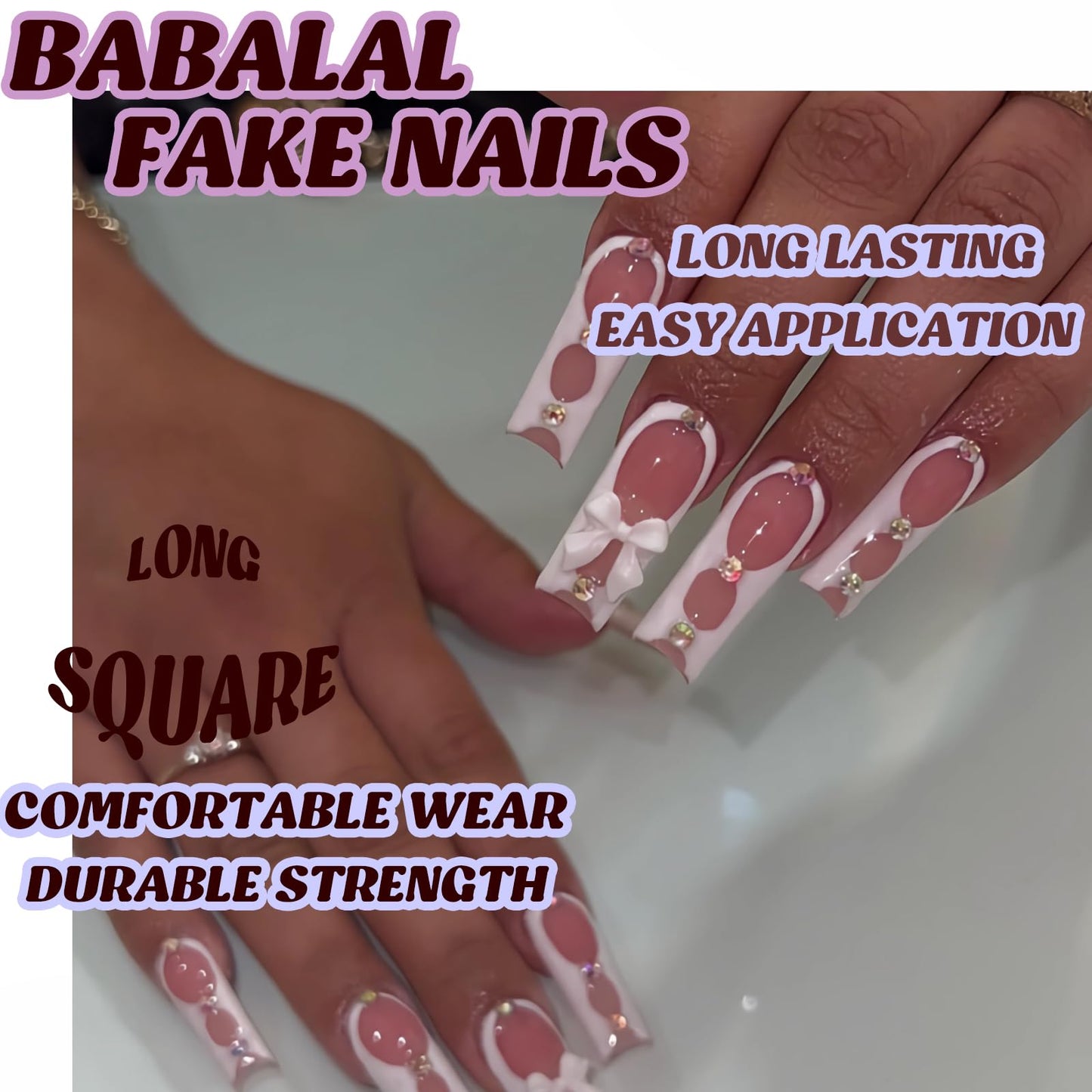 BABALAL Square Press on Nails Long Fake Nails White Glue on Nails 3d Bow Charm Rhinestone Acrylic Nails 24Pcs Squoval Manicure Artificial False Nails for Women and Girls