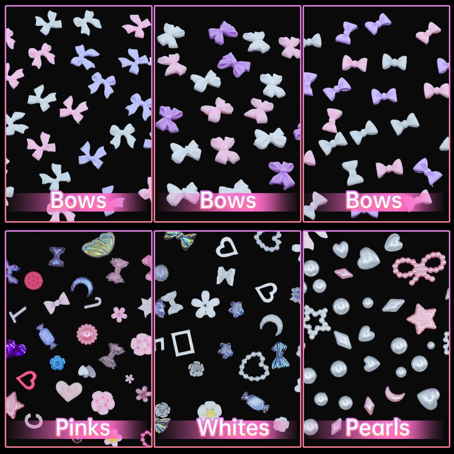 Pink Color White Purple 3D Nail Charms Kit Bowknot Tiny Flower Heart Nail Pearls Charms Butterfly Star Cherry Nail Rhinestones Charms for Manicure DIY Accessories