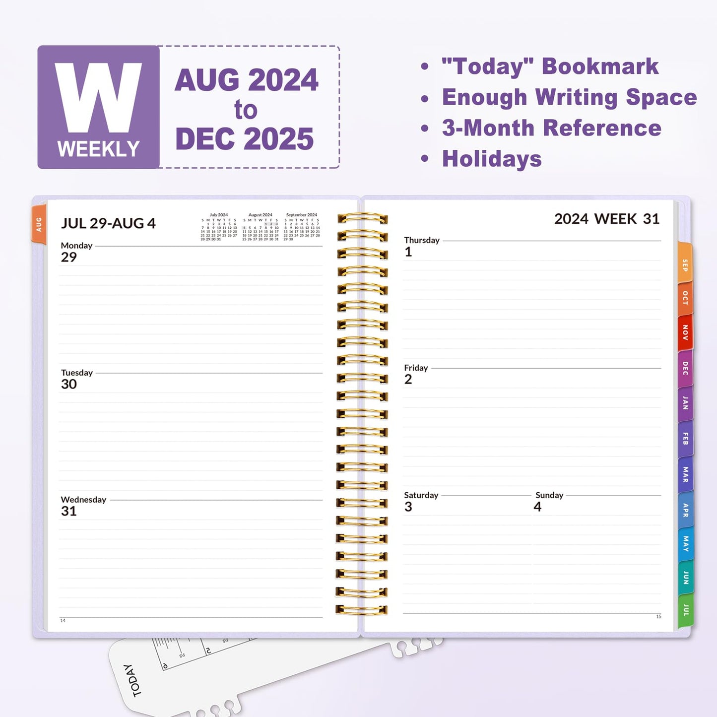 SUNEE Academic Planner 2024-2025 Weekly and Monthly - from August 2024 - December 2025, 6.4"x8.3" School Year Calendar Daily Planner with Monthly Tab, Flexible Cover, Note Pages, Pockets, Bookmark, Spiral Binding, Purple