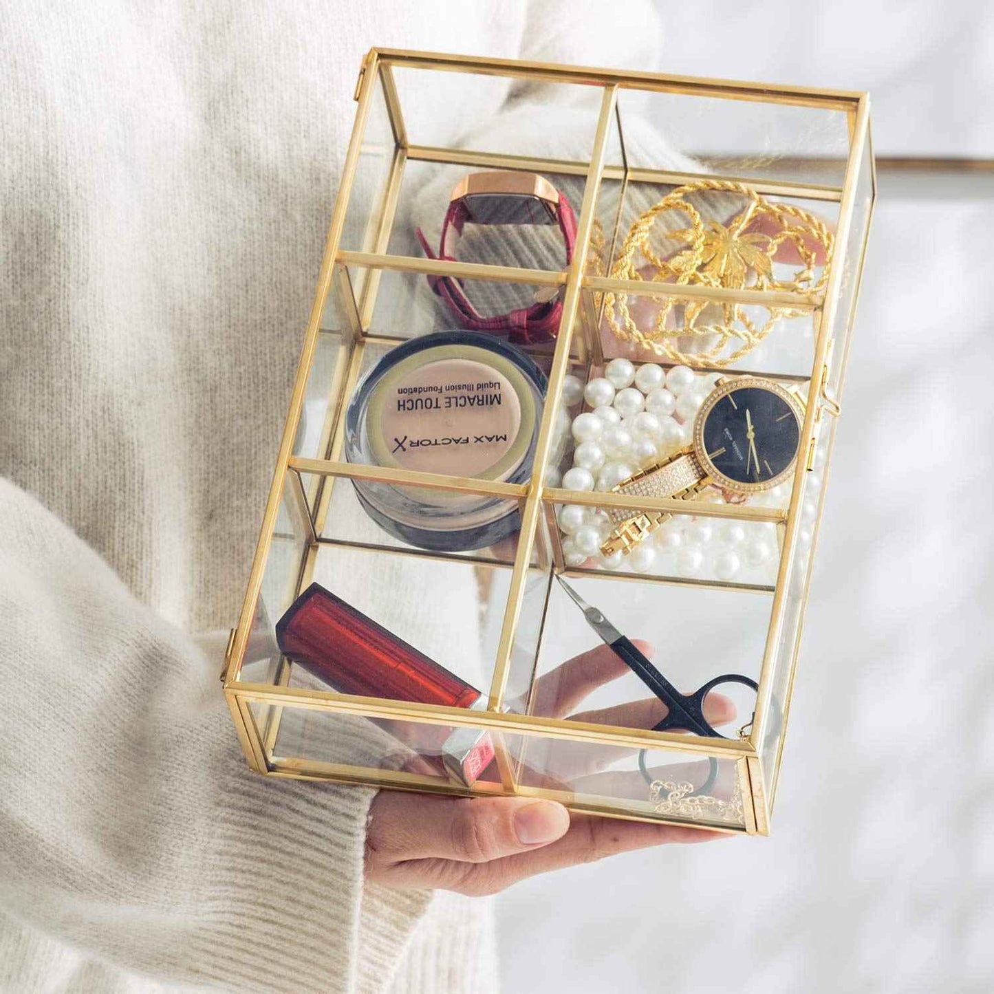 Levilan Golden Vintage Glass Box Clear Glass & Brass Metal Storage Jewelry and Cosmetic Makeup Lipstick Holder Organizer Beauty Display, 6 Compartment