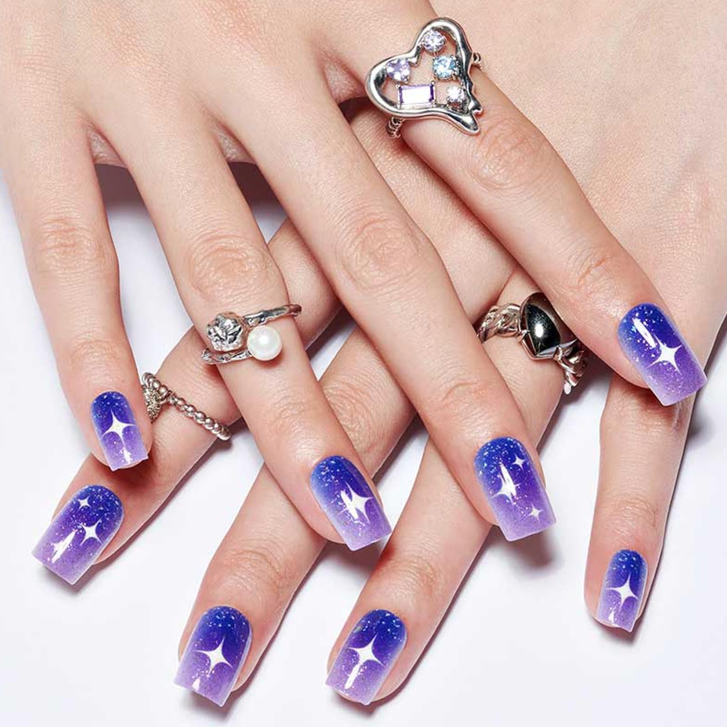 GLAMERMAID Glitter Press on Nails Medium Square, Blue Purple Ombre Jelly Soft Gel Fake Nails Short Square, Flash Star Galaxy Glue on Nails Glitter, Shrimmer Gloss Stick on False Nails Kit for Women