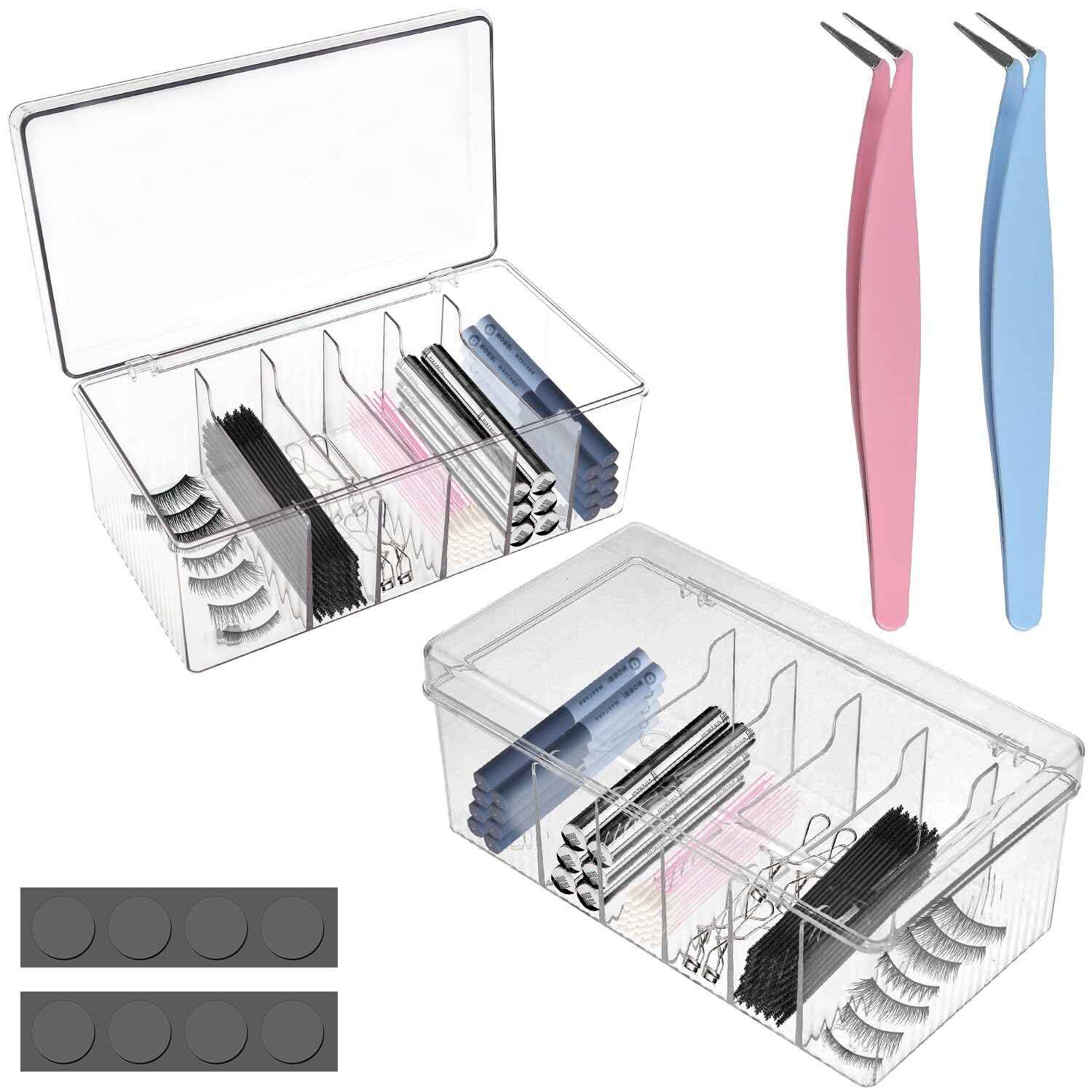 zxbaers Acrylic Lash Extension Organizers and Storage, 2PCS False Eyelash Supplies Container,Eyelash Cart Organizer with 2PCS Tweezers and Sticky Notes，Neatly Store and Organize Your Lash Supplies