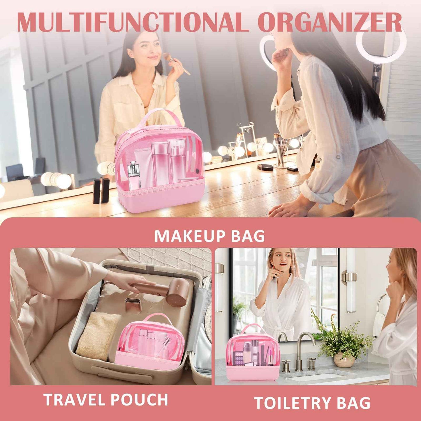 Chokoter Clear Small Makeup Bag, Makeup Pouch Toiletry Bags for Traveling Women, Cosmetic Bag with Waterproof Anti-slip EVA Bottom (Pink)