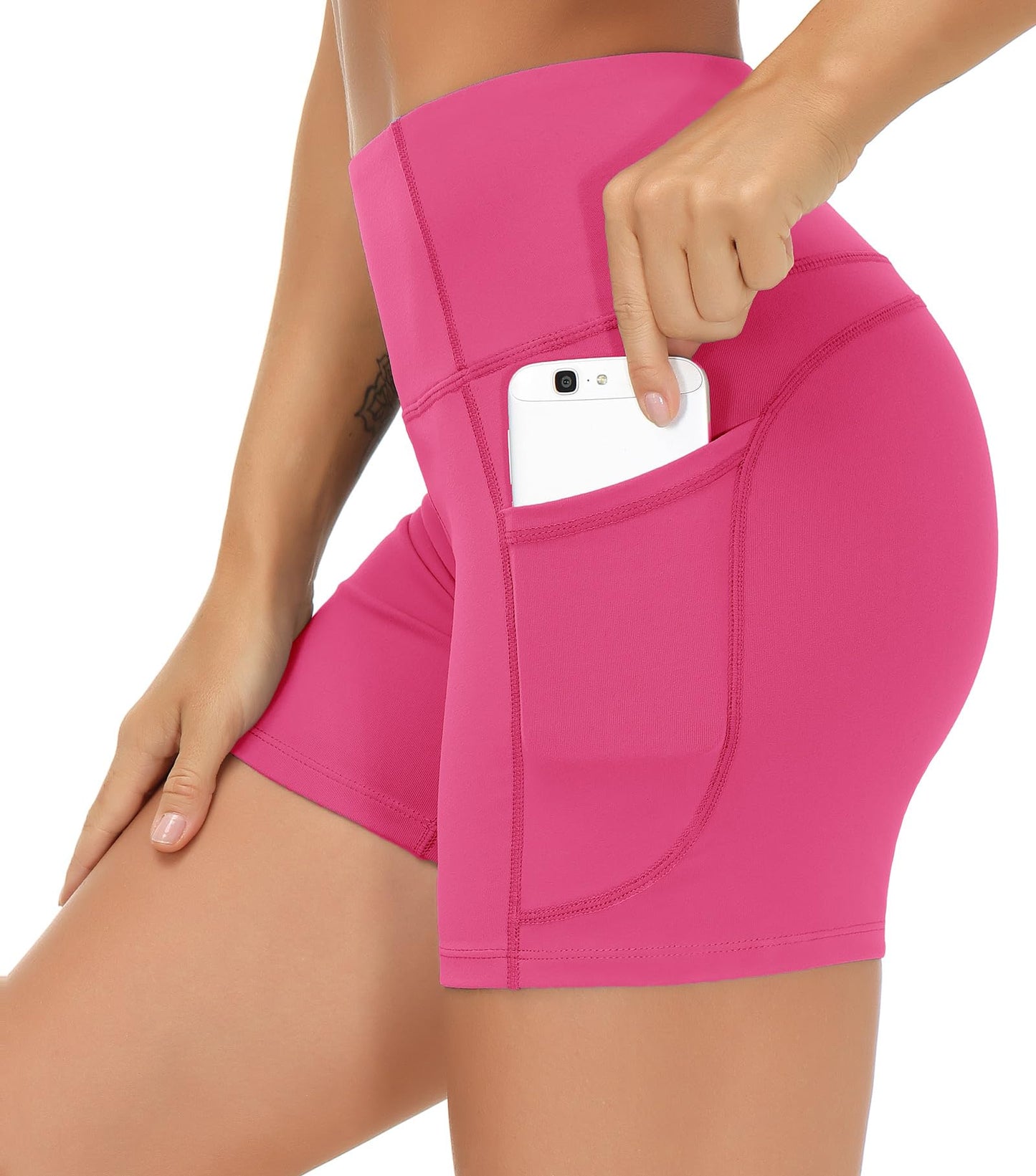 THE GYM PEOPLE High Waist Yoga Shorts for Women's Tummy Control Fitness Athletic Workout Running Shorts with Deep Pockets Bright Pink