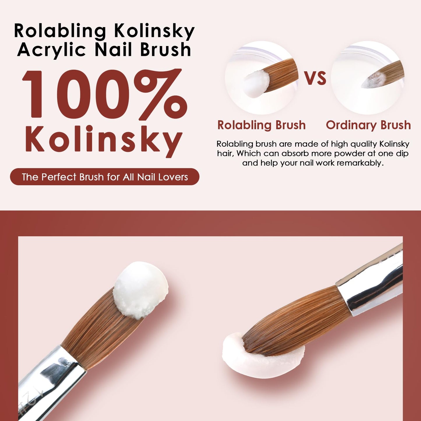 Rolabling Kolinsky Sable Acrylic Brushes Nail Art Brush Red Wooden Pen Nail Brush for Nail Art Manicure Tool for Acrylic Powder Application Nail Extension 3D Nail Carving (10#)