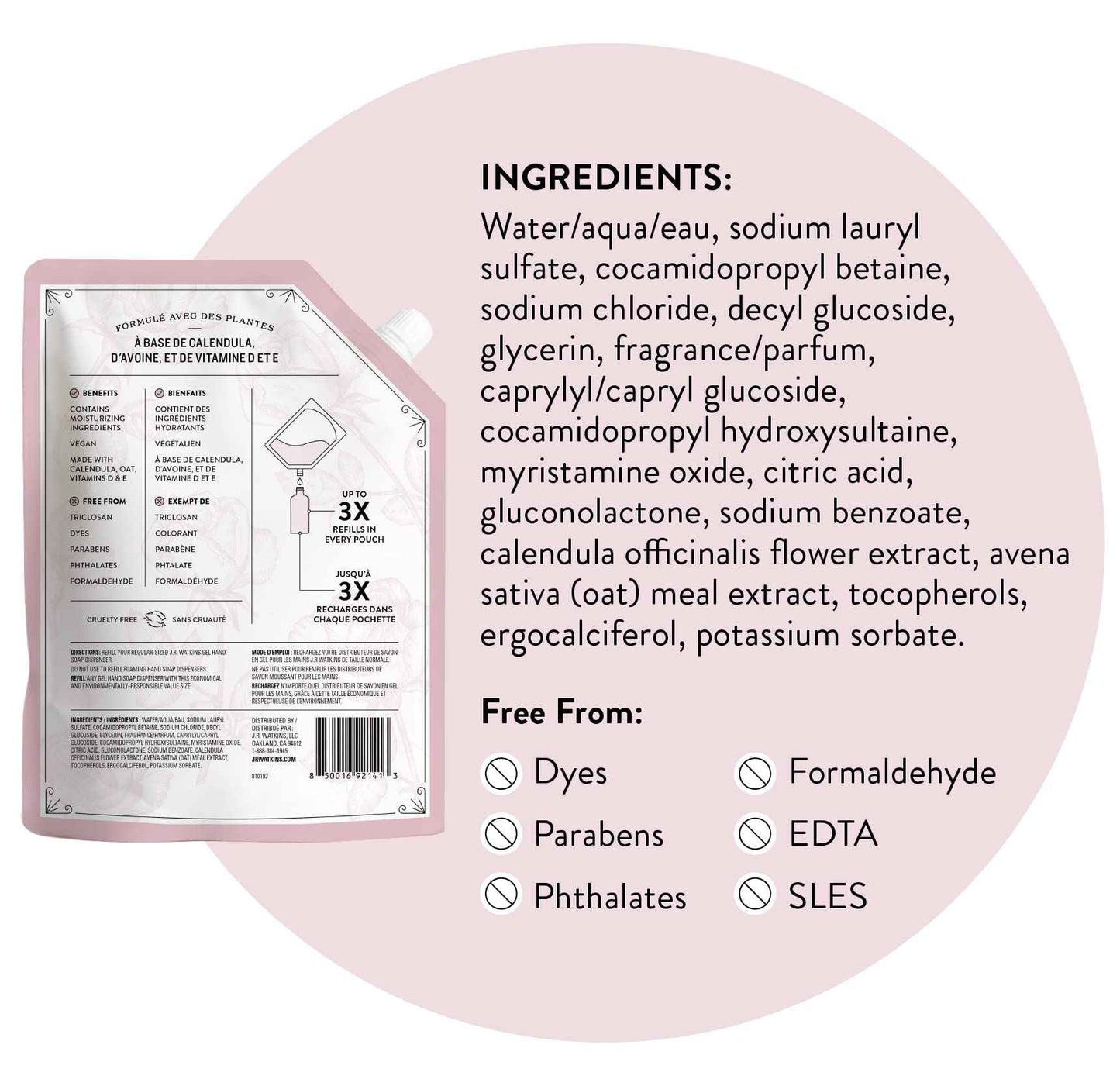 J.R. Watkins Rosewater Liquid Hand Soap Refill Pouch 1 L