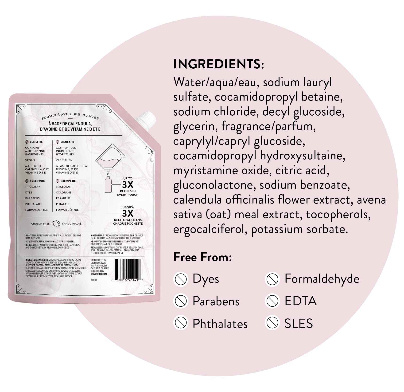 J.R. Watkins Rosewater Liquid Hand Soap Refill Pouch 1 L