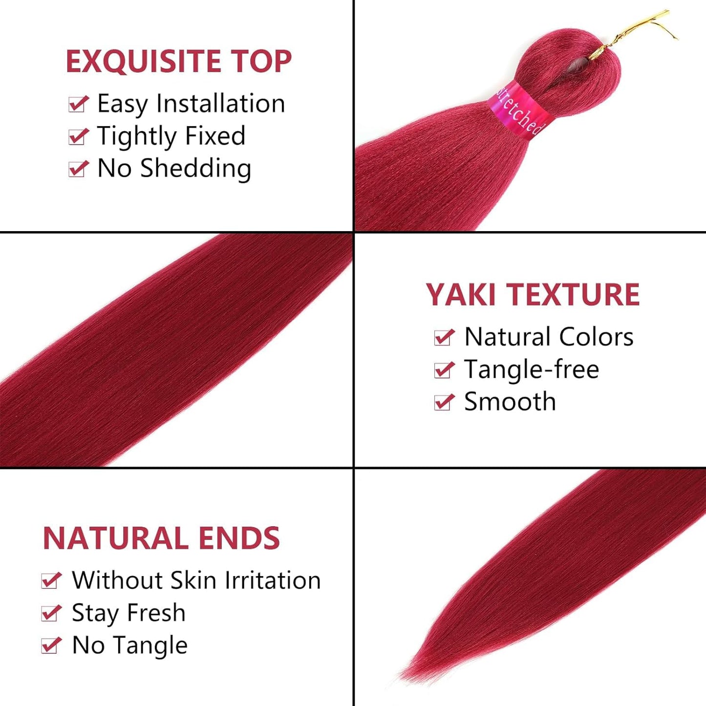 Rose Red Braiding Hair Pre Stretched 26 Inches 3 Packs Kanekalon Braiding Hair Extensions Synthetic Fiber Hair Braids