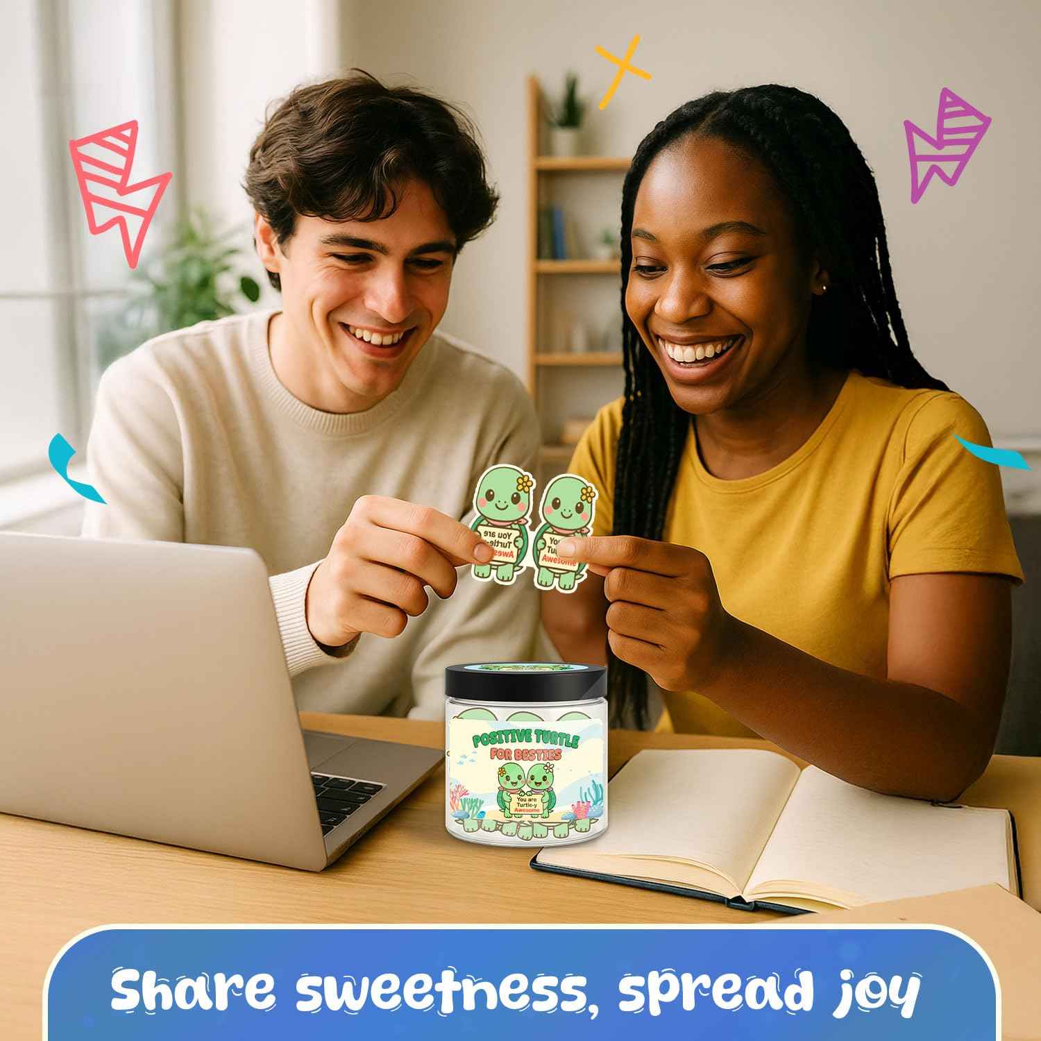Positive Turtle Jar for Besties – 60 Daily Affirmation Cards, Cute Friendship Gift with Acrylic Keychain & Display Stand, Inspirational Message Jar for Best Friends, Sisters, or Coworkers