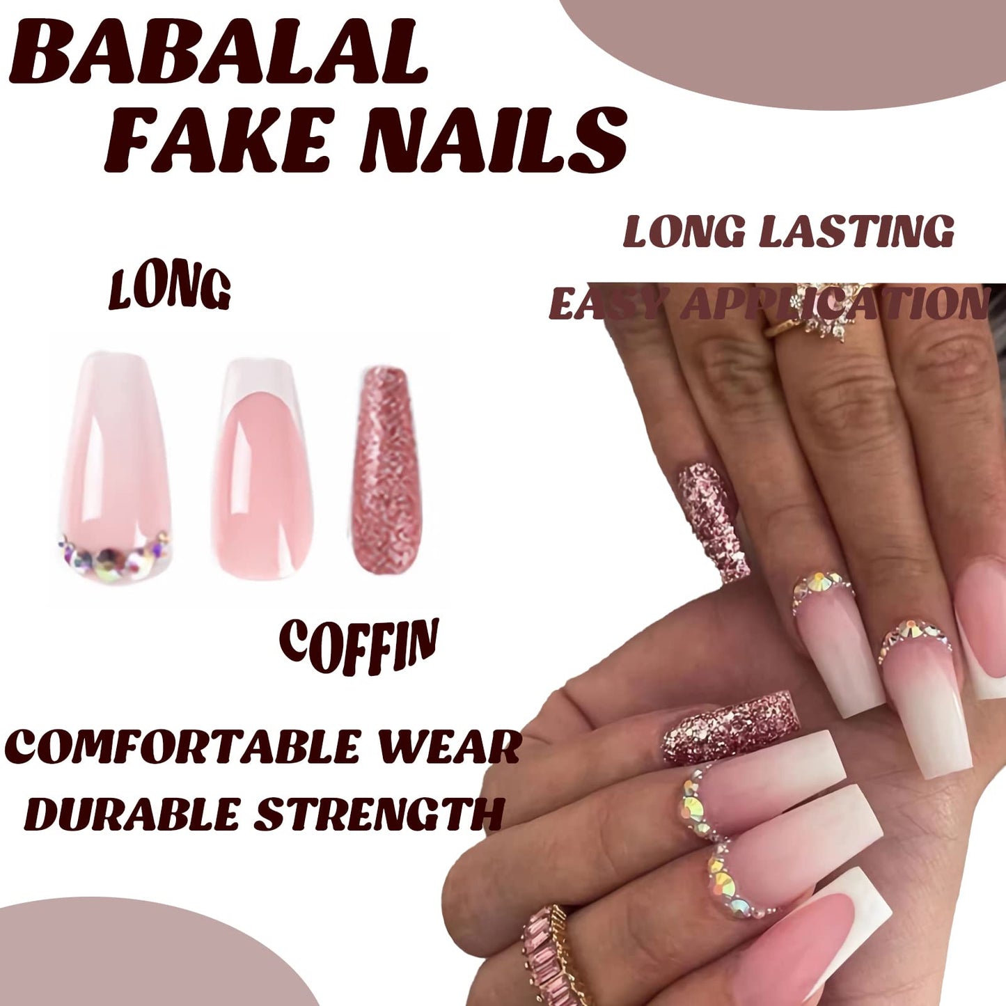 BABALAL Coffin Press on Nails Long White French Tip Fake Nails Shiny Ballerina Acrylic Nails Rhinestone Stick on Nails for Women and Girls