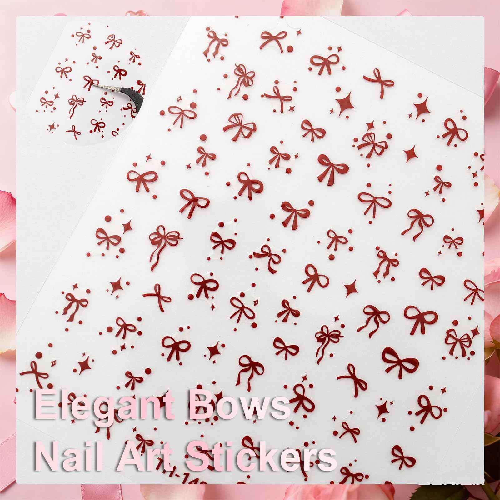 Allstarry Bow Nail Stickers, 6 Sheets Bow Stickers for Nails, Self-Adhesive Glossy Pink Red Black Cute Nail Decals for Women Girl Gift Christmas Valentine’s Day Accessories Decoration