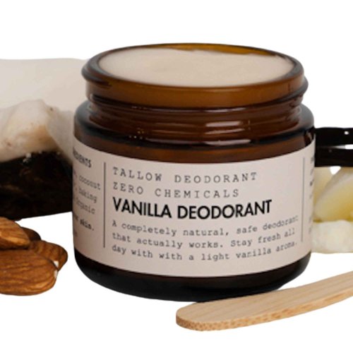Vanilla Tallow Deodorant – 100% Food-Grade Natural Deodorant with Grass-Fed Tallow & Coconut Oil – 2oz Jar – Aluminum-Free, Baking Soda-Based – For Men, Women & Kids