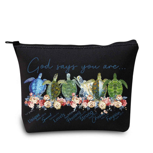 LEVLO Sea Turtle Cosmetic Make Up Bag Turtle Lover Gift God Says You Are Unique Special Lovely Chosen Forgiven Makeup Zipper Pouch Bag(God Says Turtle Black)