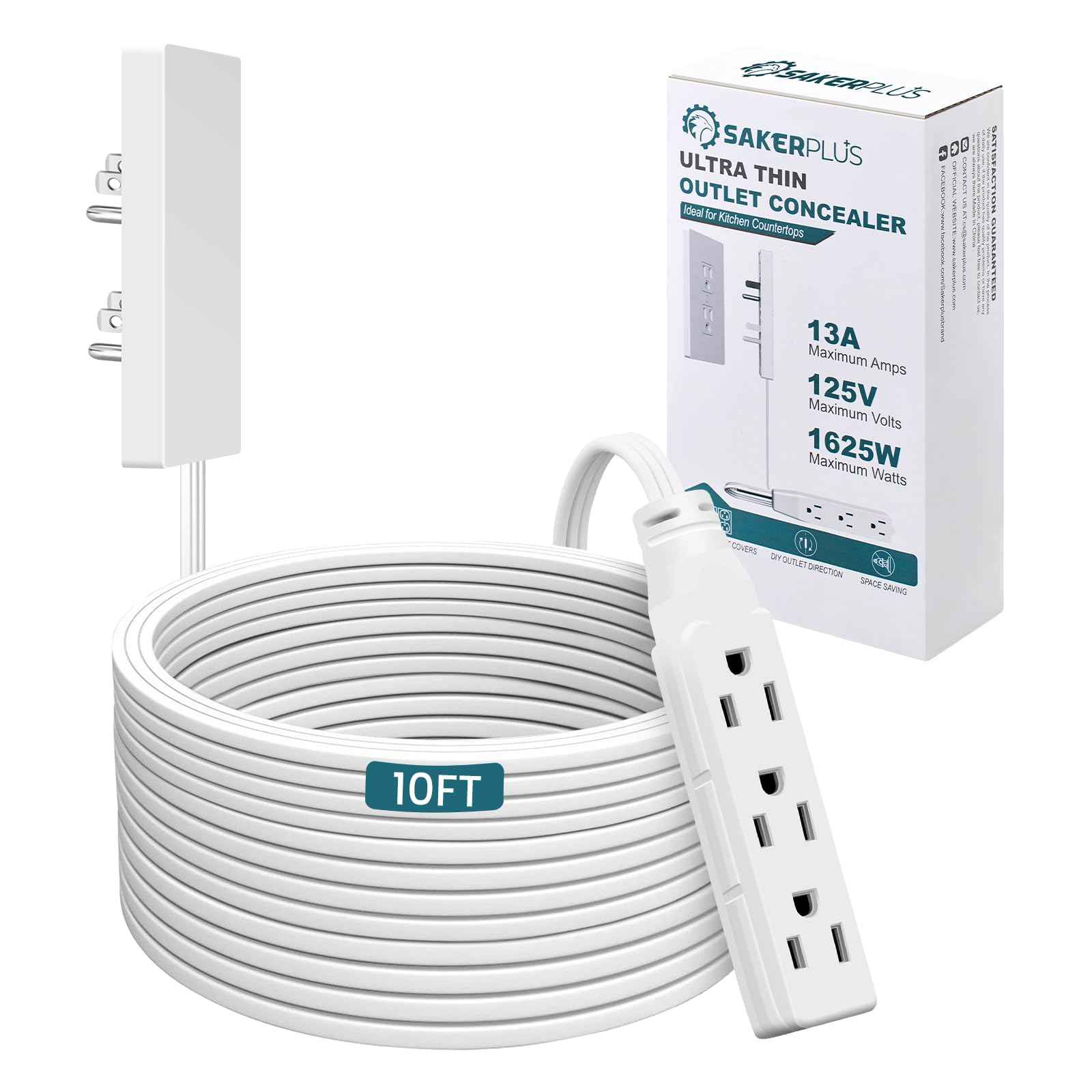 SakerPlus Outlet Concealer Power Strip-Outlet Cover Extender with 3AC Outlets-10ft Flat Plug Extension Cord,Universal Size,1625W for Kitchen, Home and Office,Child & Pet Safe(10 Foot)