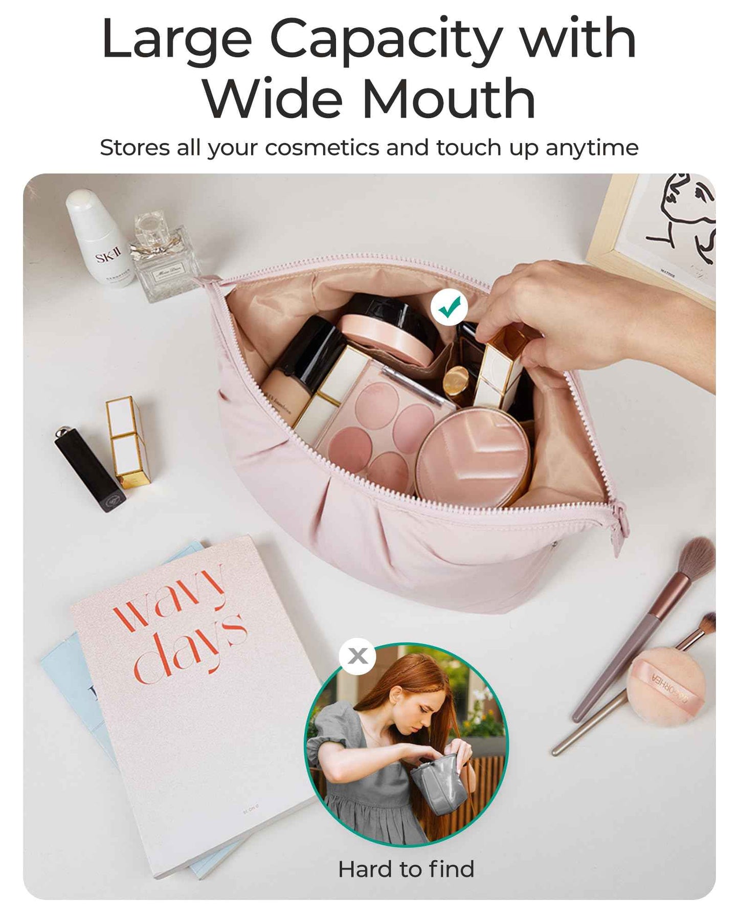 BAGSMART Makeup Bag Travel Toiletry Bag, Cute Make Up Bag, Large Capacity Cosmetic Bags for Women, Wide-open Makeup Pouch Travel Essentials Toiletries Accessories Brushes (Pink)