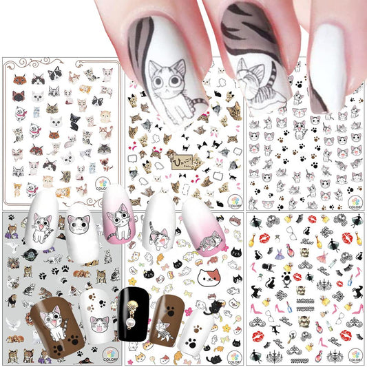 6 Sheets Cute Cat Nail Art Stickers Cartoon Nail Decals 3D Nail Art Supplies Self-Adhesive Cat Cartoon Designer Nail Stickers Manicure Tips Acrylic Nails Decoration Accessories for Women Kids Girls