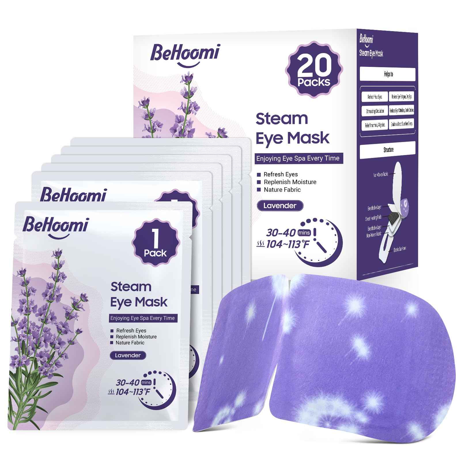 BeHoomi Steam Eye Mask, 40 Packs Heated Eye Mask Warm Compress for Eyes, Self Heating Disposable Eye Masks, Stocking Stuffers (Lavender & Rose)
