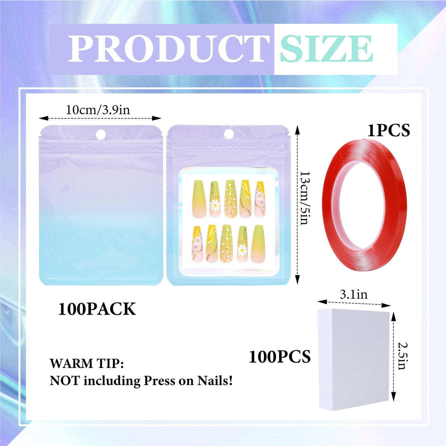 100PCS Press on Nail Packaging Bag and 100PCS White Cardboard Nail Tips Packaging Bags Empty Holographic Nail Storage Bags with 1 Roll Transparent Tape for Press on Nail Business (Purple-blue, small)