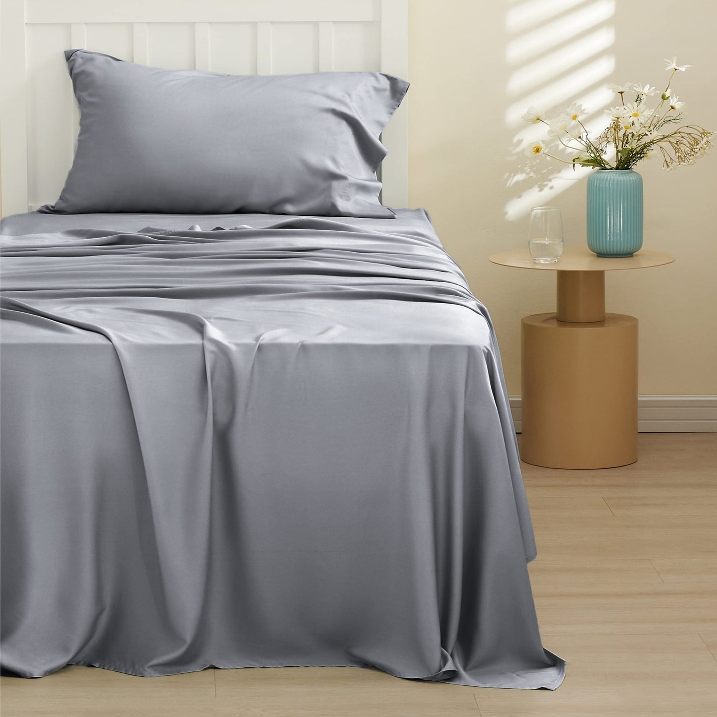 Bedsure Twin Sheets Set, Cooling Sheets Twin Size Bed Set, Rayon Derived from Bamboo, Twin Size Sheets, Breathable & Soft Bed Sheets, Hotel Luxury Silky Bedding Sheets & Pillowcases, Silver Grey