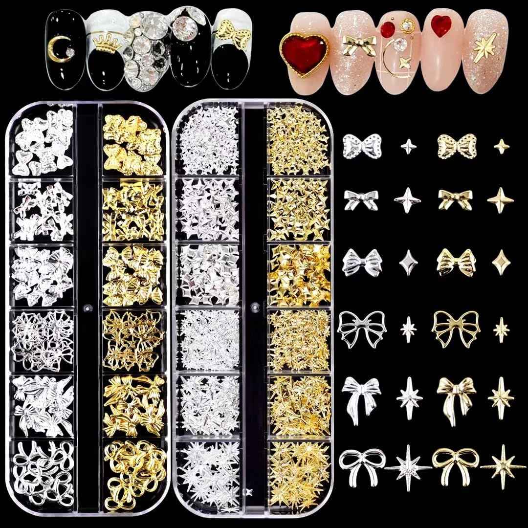 COOSLIM 150PCS Gold Bow Nail Charm 3D Silver Nail Bows 12 Styles Mini Alloy Bowknot Diamonds Butterfly Gems Christmas Wedding Prom Crystal Rhinestones Decoration for Women Girls Crafts DIY 4