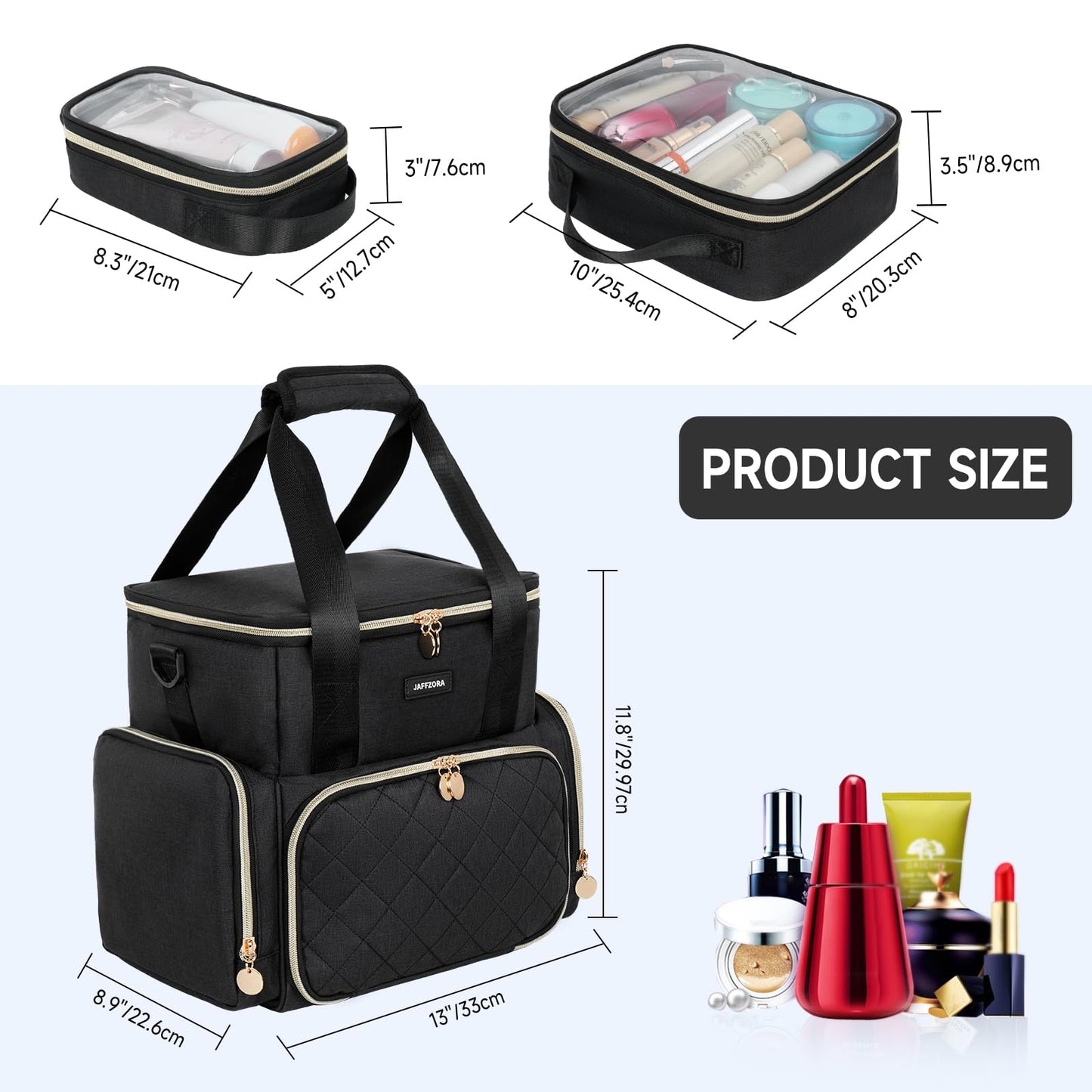 Jaffzora Extra Large Makeup Bag with 3 Removable Cases, Double Layers Travel Cosmetic Storage Organizer Bag with Detachable Dividers, Black