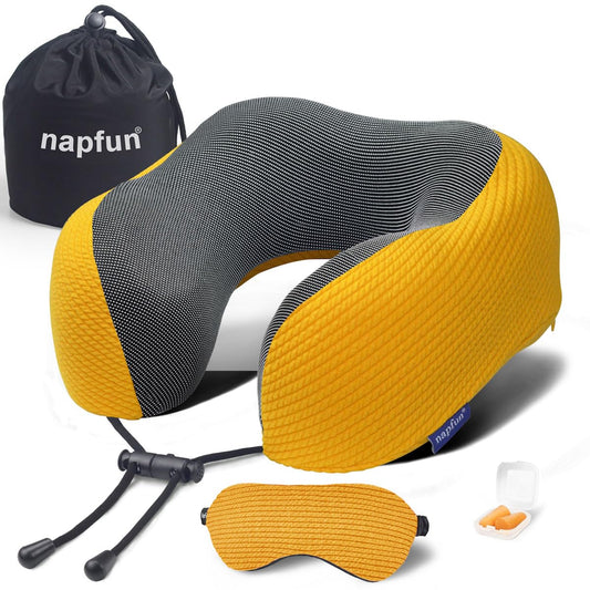 napfun Neck Pillow for Traveling, Upgraded Travel Neck Pillow for Airplane 100% Pure Memory Foam Travel Pillow for Flight Headrest Sleep, Portable Plane Accessories, Yellow, Medium (120-200LB)