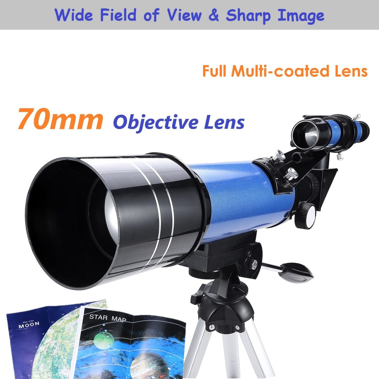 MaxUSee 70mm Telescope for Kids & Astronomy Beginners, Refractor Telescope with Tripod & Finder Scope, Portable Telescope with 4 Magnification eyepieces & Phone Adapter Blue