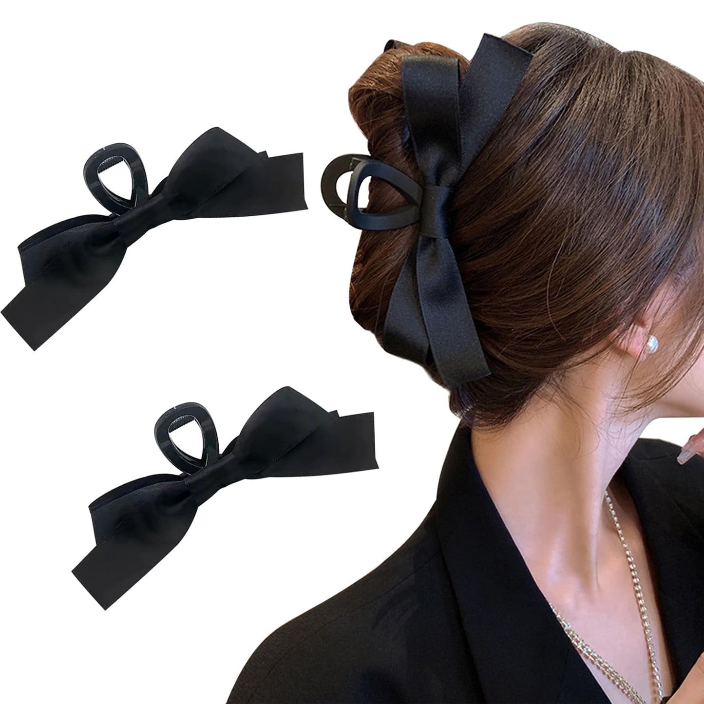 Bow Hair Claw Clip Black Bows Hair Claws Barrette for Thick Thin Hair,Silky Satin Bow Knot Non Slip Claws Clamps Large Bow Hair Barrettes Accessories for Women and Girls (Black(matte)-2pcs)