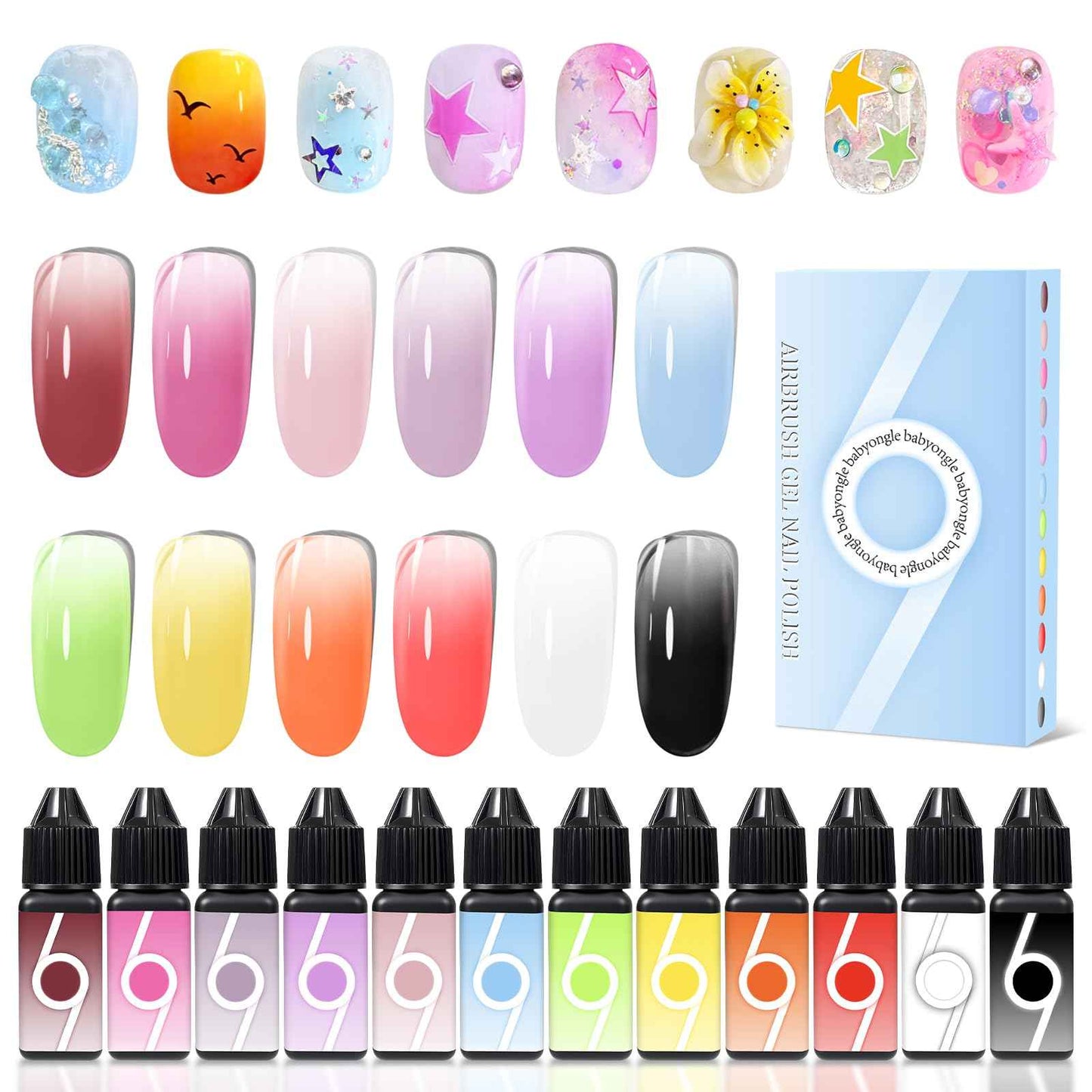 babyongle Airbrush Gel Nail Polish, 12 Vibrant Colors, Dilution Free Airbrush Gel for Fine Mist Gradient & French Nails, Acetone Free Salon-Quality Gel Nail Polish For Nail Art Design at Home,15ml