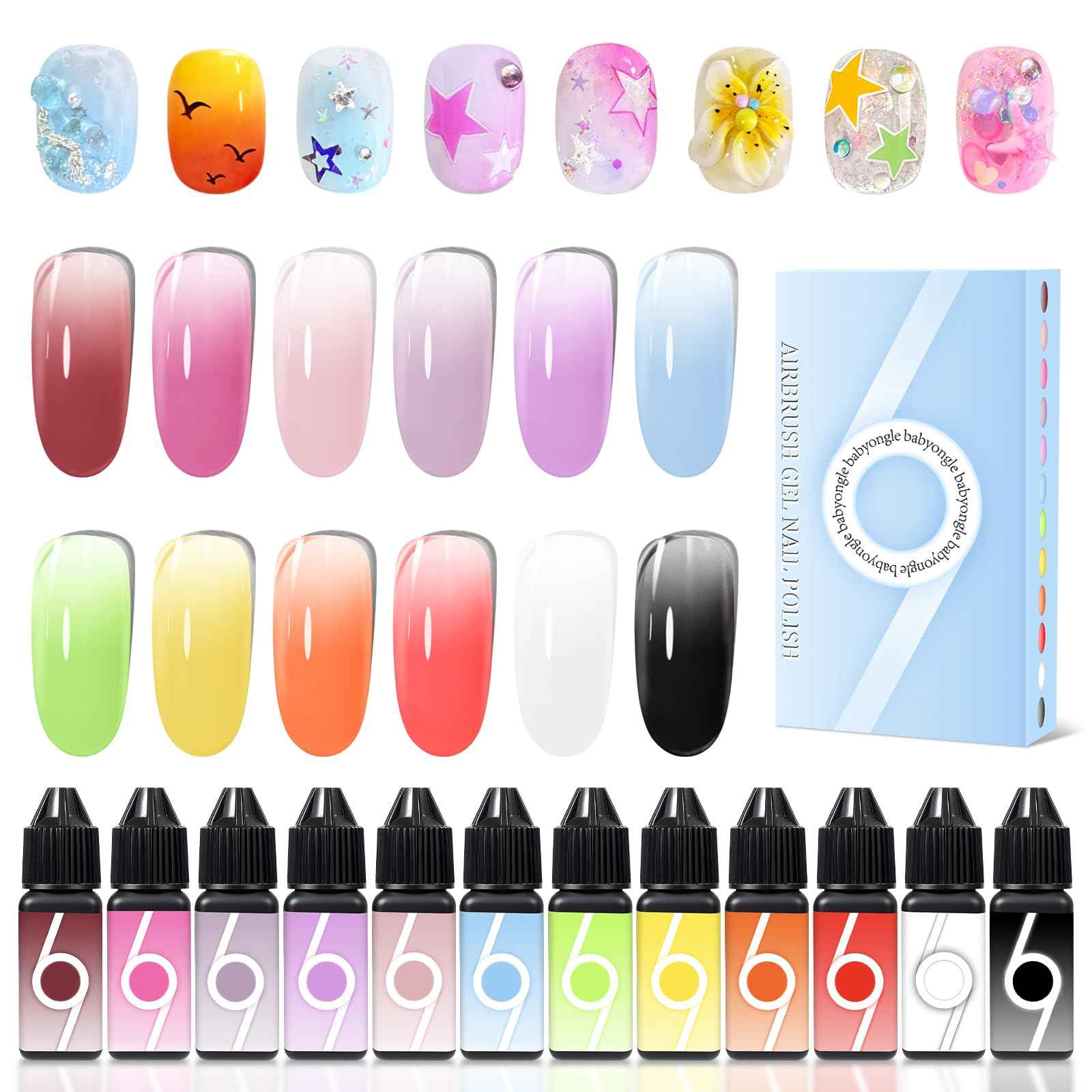 babyongle Airbrush Gel Nail Polish, 12 Vibrant Colors, Dilution Free Airbrush Gel for Fine Mist Gradient & French Nails, Acetone Free Salon-Quality Gel Nail Polish For Nail Art Design at Home,15ml