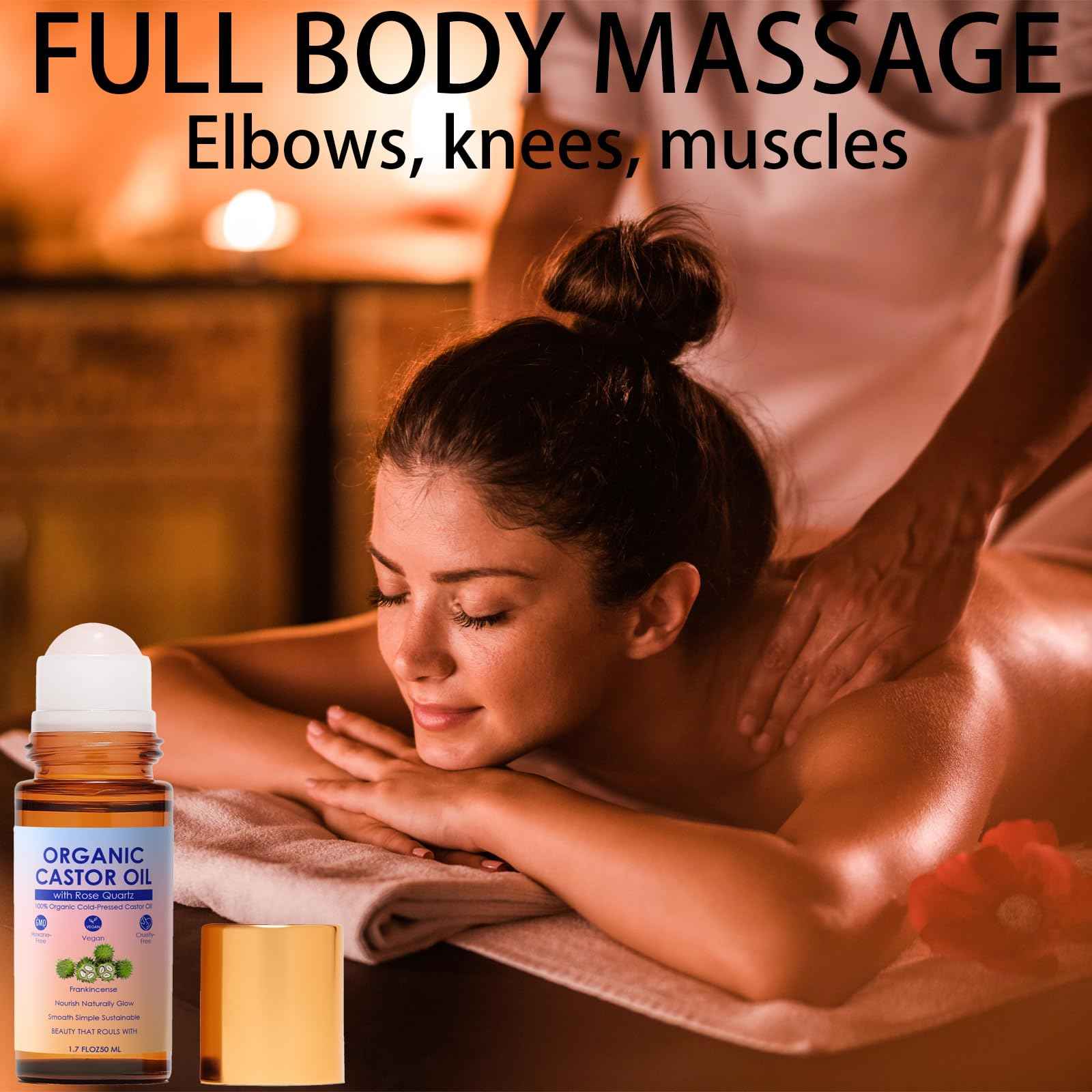 SDXJIOGE Organic Castor Oil with Rose Quartz Roller, 100% Pure Cold-Pressed, Organic Castor Oil Roll On Rose Quartz, Hexane-Free,Amber Glass Bottle for Skin 1.7oz (1)