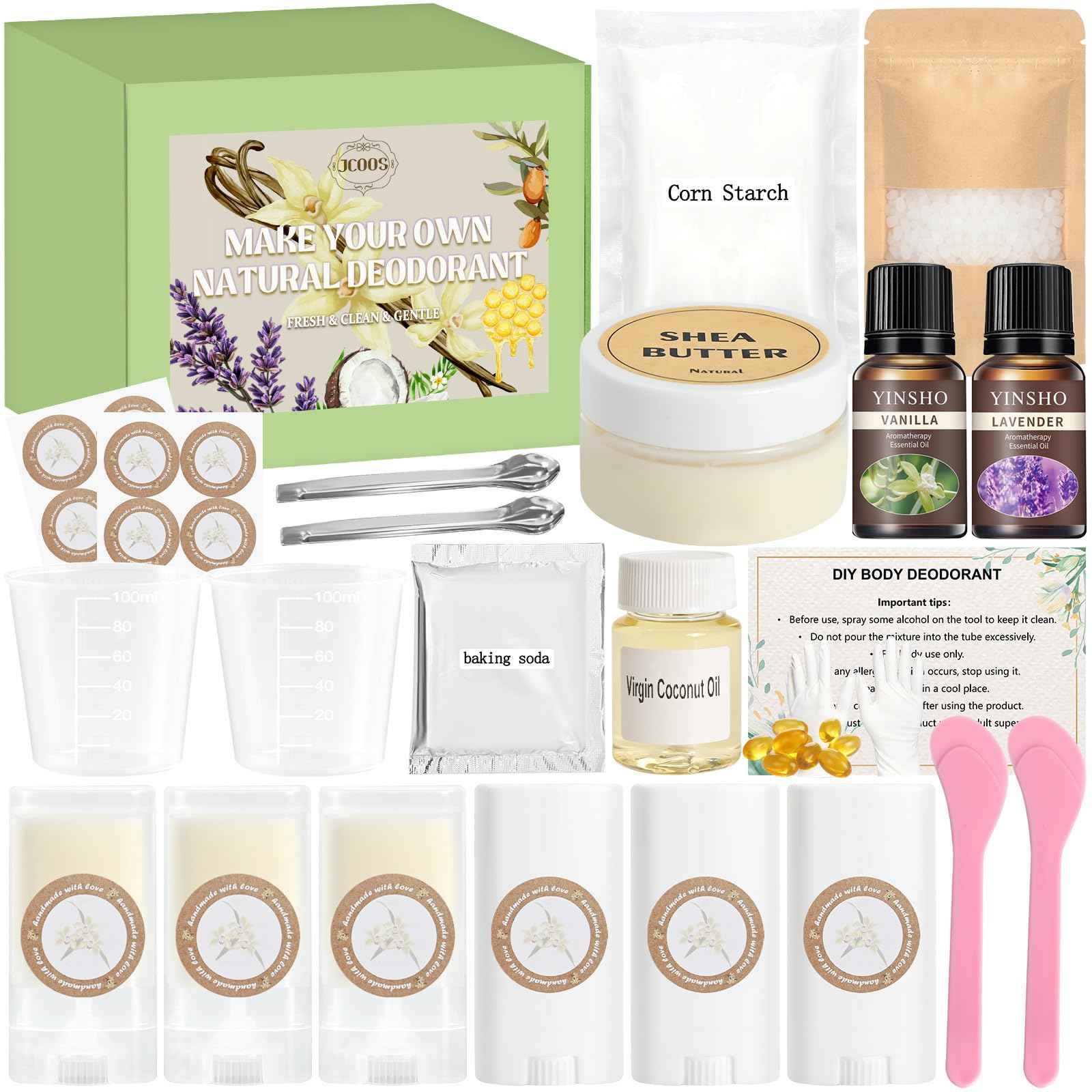 JCOOS Deodorant Making Kit, DIY Deodorant Kit, Aluminum Free Antiperspirant for Women and Men, Shea Butter, Coconut Oil, Baking Soda, Vanilla & Lavender Essential Oils, Containers Sweat & Odor Control
