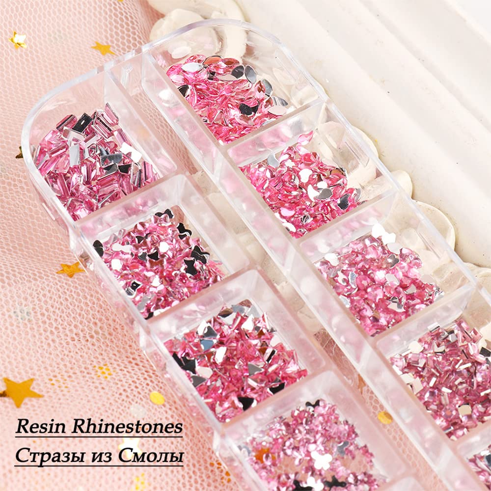 3D Pink Nail Art Rhinestones, Sparkly Nail Gems and Rhinestones Kit, Multi Shapes Crystal Pink Flatback Diamonds Rhinestones for Nails Design, Makeup, DIY Crafts, Jewels