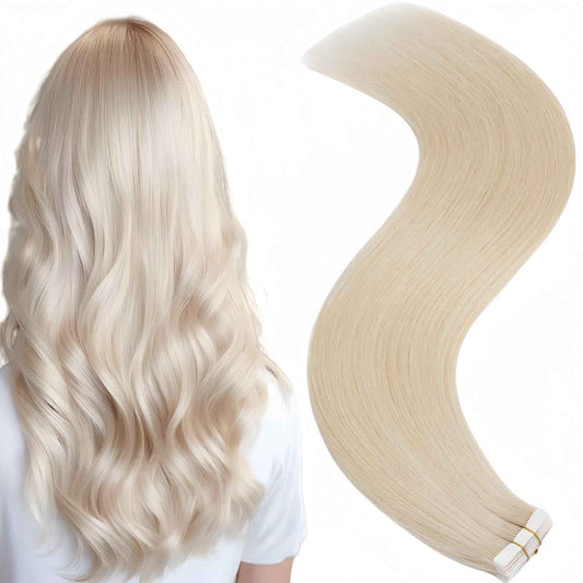 FUOTONBUTY 10pcs Tape in Hair Extensions Human Hair Invisible Tape in Hair Extensions Seamless Tape ins Tape on Real Human Hair Extensions Thick End (Platinum Blonde, 22 inch)