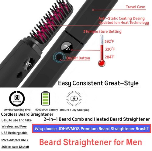 Beard Straightener for Men, Heated Beard Brush, Cordless Beard Hot Comb for Medium to Long Beards, with Travel Case, Rechargeable, 3 Temp Settings, Ionic Technology, Grooming Gift for Men(Black)