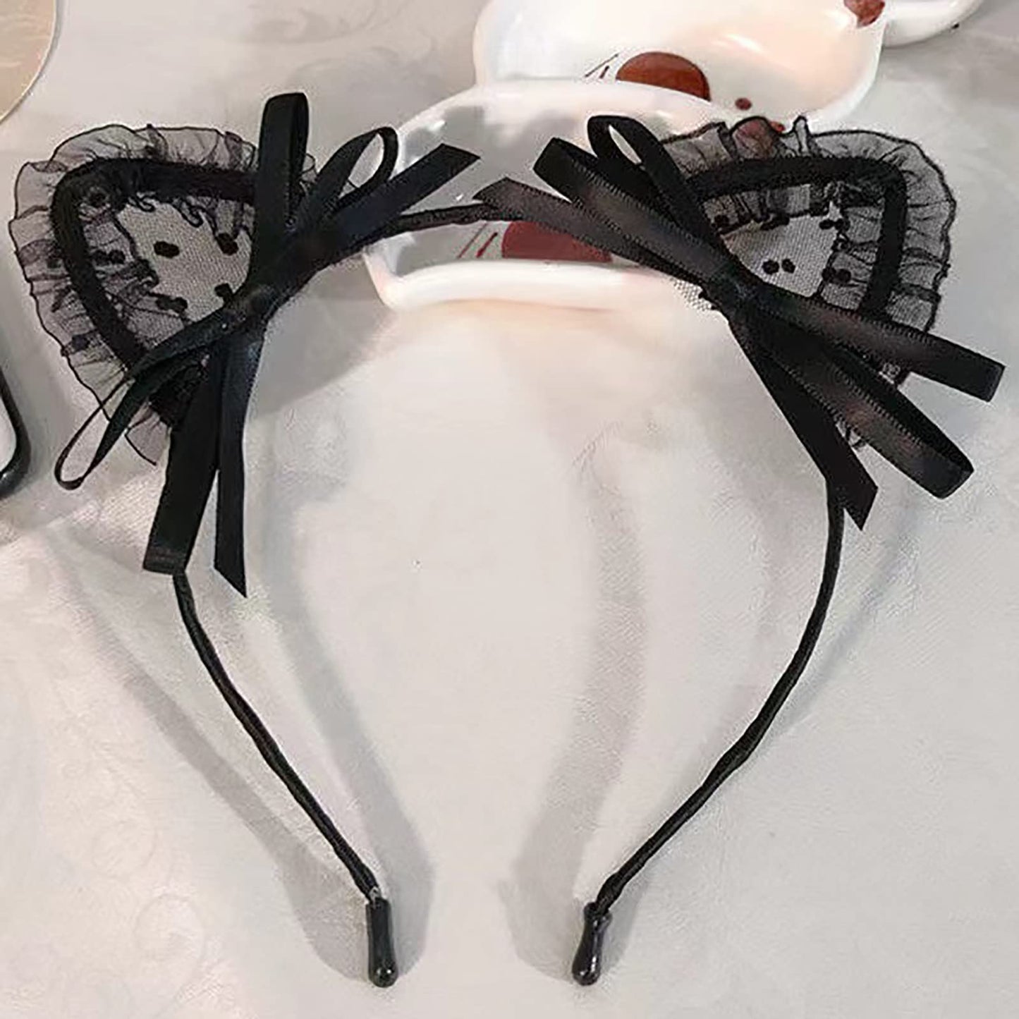 GKMAJKMB Black with Bowknot Sweet Lace Cat Ears Headband Hair Hoop Masquerade Party Hairband Cosplay for Women Girls (Black with Bowknot)