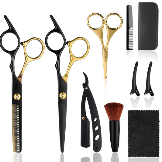 9 Pcs Sharp Hair Cutting Scissors Kit, Stainless-Steel 6.7‘’ Barber Scissors Professional Set, Multifunctional Thinning Shears for Hair Cutting, Wigs Texturizing Tools for Women Men Home Salon(Gold)